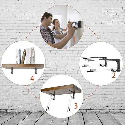 Shelf Brackets with Hooks 6 Inch, Heavy Duty Floating Shelf Bracket, Cast Iron Shelving Brackets for DIY Wall Shelves, Rustic Shelf Brackets, 2 Pack