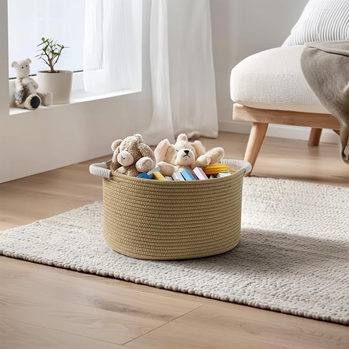 Woven Dog Toy Basket, 15.7"x11"x8" Cotton Rope Dog Toy Bin Box for Living Room, Decorative Cats Pet Supplies Puppy Bin with Handles, Soft Cat Toy Basket Organizer, Wicker Storage Holder, Jute