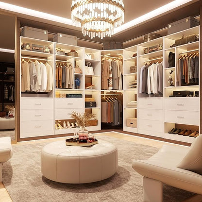 Corner Closet System with 12 Shelves, 39.2" Corner Closet Organizer System with 2 Hanging Rods, Versatile 6-Tier Walk-in Closets for Corner Space, White (39.2" L x 39.2" W x 80" H)