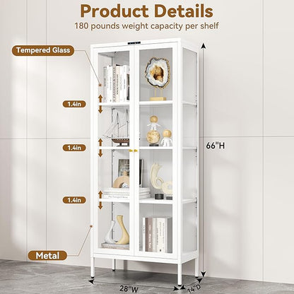 Glass Display Cabinet with Glass Doors, Metal Curio Cabinet with 8-Color LED Lights, 66 Inch Tall Display Case for Collectibles, White Glass Cabinet for Living Room, Assembly Required