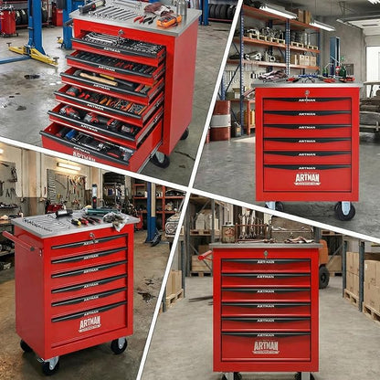 6-Drawer Rolling Tool Chest with Stainless Steel Countertop,Tool Chest with Secure Locking System,Mobile Storage Tool Cabinet with 360°Wheels and Padded Feet,for Home,Garage (Red)