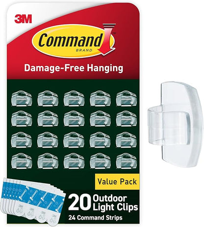 Command Outdoor Light Clips, 20 Clear Clips and 24 Command Strips, Damage-Free Hanging Outdoor Light Clips with Weather Resistant Strips, Wall Clip for Hanging Outdoor Lights and Cable Management