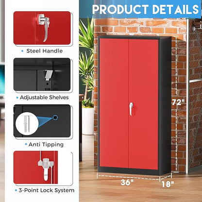 Greenvelly Metal Garage Storage Cabinet with 2 Doors and 4 Adjustable Shelves, 72”H Steel Lockable Storage Cabinet,Tall Metal Cabinet Locking File Cabinet for Office,Home, Garage, Gym, School