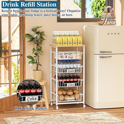 5-Tier Small Kitchen Storage Cart on Wheels with Pull-Out Drawers, Rolling Pantry and Snack Organizer Cart with Wood Top, Kitchen Floor Fruit Basket Stand for Fruit Potato Onion Veggie Snack