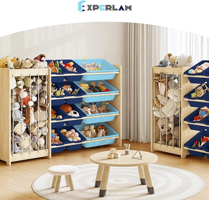 Kids Toy Storage Organizer, 2-in-1 Stuffed Animal Storage & Toy Organizer w/12 Bins, Solid Wood Toy Rack Featuring Thicker Elastic Ropes, Playroom Nursery Bedroom Storage, Blue