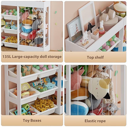 50.6" W Toy Storage, 3-in-1 Large Kids Toy Organizers and Storage with Stuffed Animal Zoo, 6 Removable Plastic Bins, Wooden Toddler Cabinet for Girls Boys Playroom, Nursery, Home Decor(White)