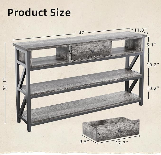Mexin 47 Inch Console Sofa Table with Drawer, Industrial Entryway Table with Storage Shelves, Storage Organizer for Hallway Living Room Couch Foyer Kitchen Counter, Grey Oak