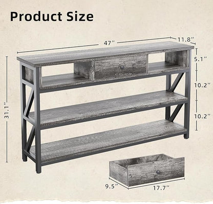 Mexin 47 Inch Console Sofa Table with Drawer, Industrial Entryway Table with Storage Shelves, Storage Organizer for Hallway Living Room Couch Foyer Kitchen Counter, Grey Oak