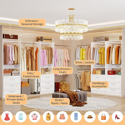 Closet System with 2 Sets, 4FT-10FT Customizable Closet Organizer System with 6 Wooden Drawers & 2 Shelves, Walk-in Closet or Freestanding Tower Closet Storage System with 4 Hanging Rods, White