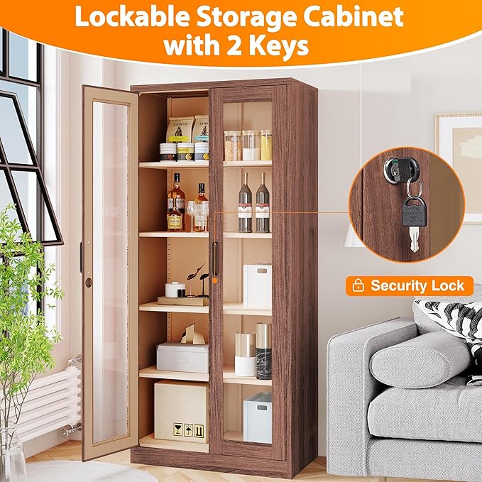 Glass Display Cabinet,Metal Storage Cabinet with Doors and 4 Adjustable Shelves,Lockable Glass Display Case for Home,Office and Exhibition Hall (Rustic Brown)