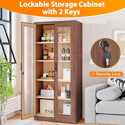 Glass Display Cabinet,Metal Storage Cabinet with Doors and 4 Adjustable Shelves,Lockable Glass Display Case for Home,Office and Exhibition Hall (Rustic Brown)