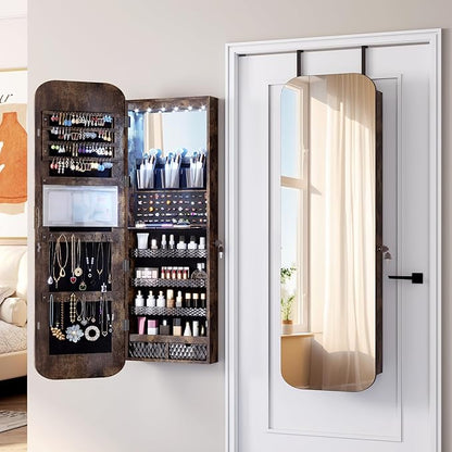 Vlsrka 6 LEDs Mirror Jewelry Cabinet Door Hanging, 47.2" Wall Mounted Jewelry Cabinet, Lockable Full Length Mirror with Storage, Rounded Corner Mirror Jewelry Organizer, 2 Drawers, Rustic Brown
