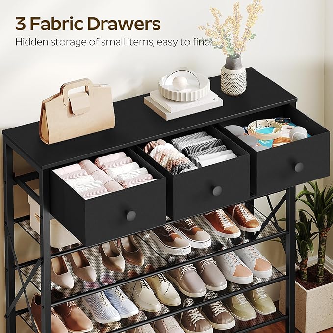 5-Tier Shoe Rack with 3 Drawers, Metal Shoe Organizer for 20 Pairs with Storage Shelves and Wooden Top, for Entryway, Hallway, Foyer, Closet, Black SS35BB