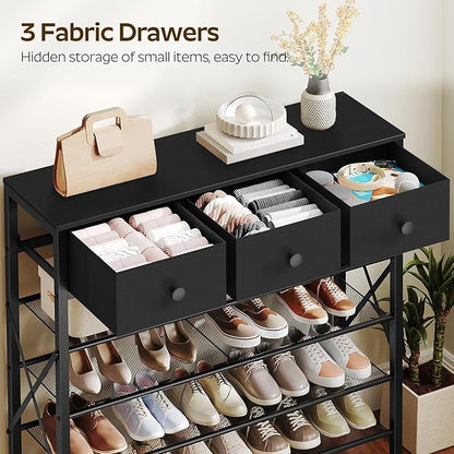 5-Tier Shoe Rack with 3 Drawers, Metal Shoe Organizer for 20 Pairs with Storage Shelves and Wooden Top, for Entryway, Hallway, Foyer, Closet, Black SS35BB