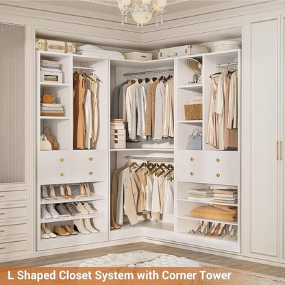 Closet System with 4 Drawers and Hanging Rods, 59.5"L / 87"L Closet Organizer System with Corner Tower, L Shaped Walk-in Closet System, Corner Closet System with Shelves, Set of 3, White