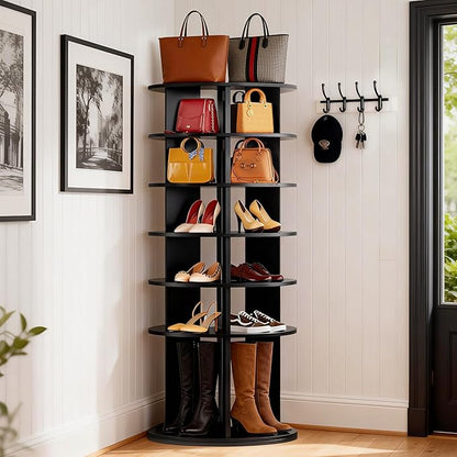 JUMMICO Rotating Shoe Rack Tower, 6-Tier Vertical Closet Storage Organizer for Shoes, Handbags & Tall Boots, 360° Spinning Lazy Susan Base, Space-Saving for Bedroom & Closet (Black)