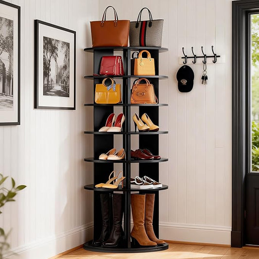 JUMMICO Rotating Shoe Rack Tower, 6-Tier Vertical Closet Storage Organizer for Shoes, Handbags & Tall Boots, 360° Spinning Lazy Susan Base, Space-Saving for Bedroom & Closet (Black)