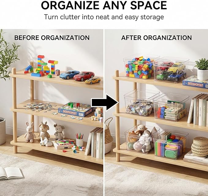MOONEDGE 8-Pack Clear Plastic Storage Bins — Open-Top PET Containers and Organizers, 10" x 10" x 6" Storage Boxes for Pantry, Garage, Under-Shelf and Multi-Purpose Home Organization