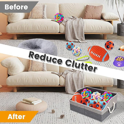 Large Dog Toy Basket With Handle, Foldable Dog Toy Box for Living Room Area, 20" Basket for Dog's Toys, Clothes, Organizers and Storage with Hard Board, Anti-slip for Pet Toys (Gray, Medium)
