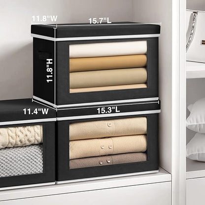 Large Storage Bins with Lids - Fabric Storage Cubes with Window, Collapsible Bins for Clothes, 15.7 Inch Large Baskets for Bedroom, Dorm, Office, Black, 6 Pack