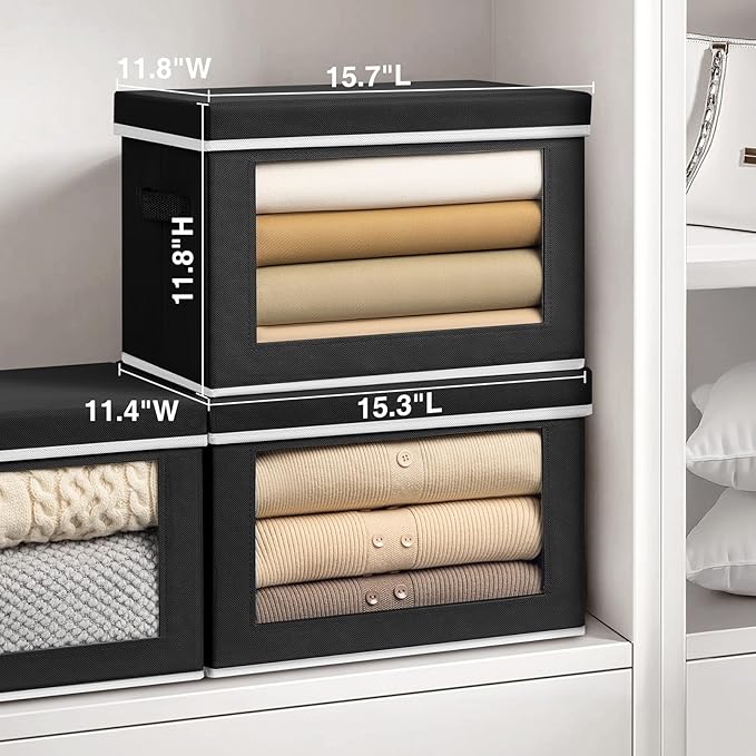 Stackable Storage Bins with Lids - Large Decorative Basket with Lids, Fabric Foldable Closet Organizer Bins, Shelf Organizer for Living Room, Dorm, 5 Pack, Black