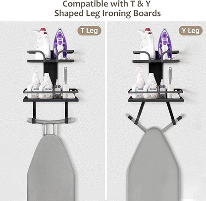 VINAEMO Ironing Board Hanger Wall Mount, 2-Layer Iron and Ironing Board Holder, Laundry Room Shelves Solid Wood with Removable Hooks Home Organization and Storage