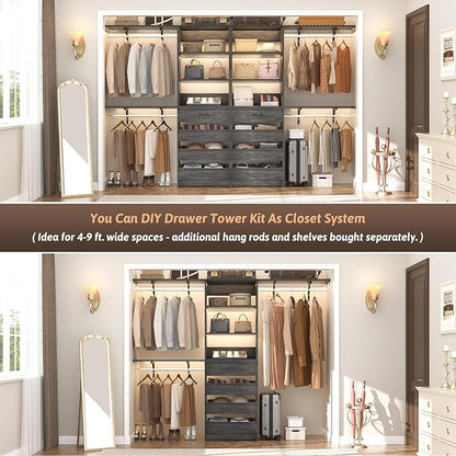 Aheaplus 21.3" Closet System with 4 Drawers, Wood Closet Organizer with Open Shelves, Modular Drawers System Tower, Walk-in Small Wardrobe Rack, Tall Storage Cabinet Unit, Black Oak
