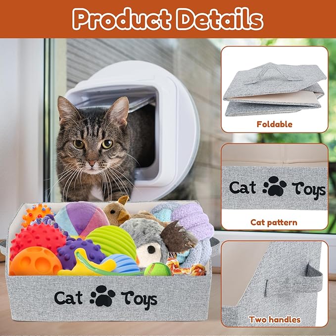 Cat Toy Bin, Large Capacity Cat Toy Basket, Foldable Fabric Dog Toy Storage Box, Trapezoid Pet Supplies Organizer Boxes with Handles, Pet Toy Basket for Cat Dog Toys Snacks Clothes(grey,Style 2)
