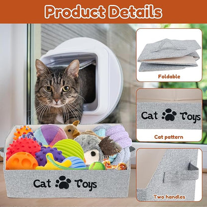 Cat Toy Bin, Large Capacity Cat Toy Basket, Foldable Fabric Dog Toy Storage Box, Trapezoid Pet Supplies Organizer Boxes with Handles, Pet Toy Basket for Cat Dog Toys Snacks Clothes(grey,Style 2)