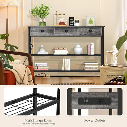 GRLEAF 47" Console Table with Outlets & USB Ports – Narrow Entryway Table with 3 Drawers and Storage Shelves, Power Strip Sofa Table for Living Room, Hallway, Kitchen, Foyer – Grey Wood Finish