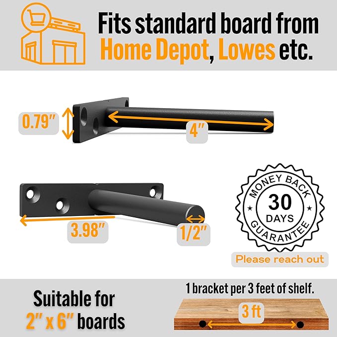 EVALD Heavy Duty Floating Shelf Bracket | 4-Inch Floating Mantel Mount, Blind Shelf Supports, and Anchors | Floating Shelf Hardware for Home and Office Decor | Fireplace Mantel Brackets (6 Pack)
