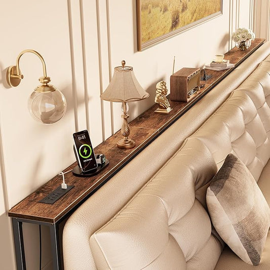 Huuger 133.9 Inch Sofa Table with Power Outlets and USB-C Ports, 5.9 Inch Narrow Entryway Table, Behind Couch Table with Storage, Extra-Long Console Table, Living Room, Rusitc Brown