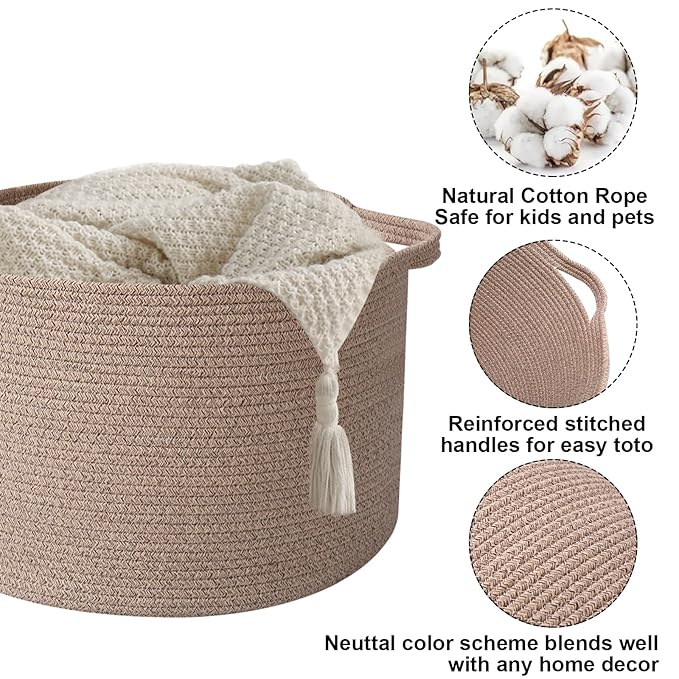 90L Large Blanket Basket,21.7"L x 21.7"W x 13.8"H Rope Woven Baskets with Handles, Toys Storage Bins,Laundry Basket Perfect for Living Room, Nursery,Bedroom,Home Organization,Brown