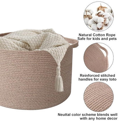 65L Large Blanket Basket,19.7" L x 19.7" W x 13" H Rope Woven Baskets with Handles, Toys Storage Bins,Laundry Basket Perfect for Living Room, Nursery,Bedroom,Home Organization,Brown