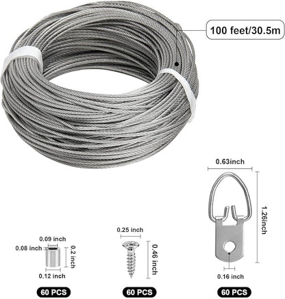 Blisstime Picture Hanging Kit - 100 Feet Braided Hanging Wire, 60 Pcs D Ring Picture Hangers with Screws and 60 Pcs Aluminum Crimping Loop Sleeve for Canvas Paintings, Photo Frames