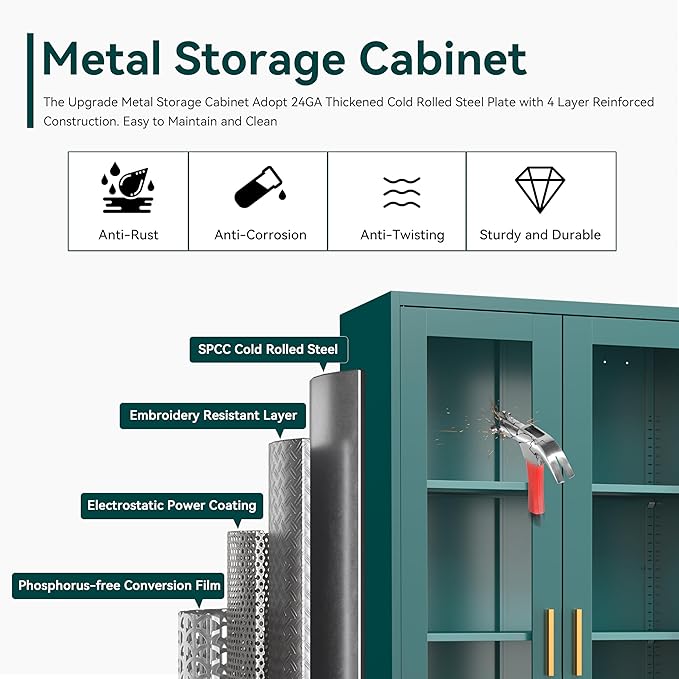 Curio Cabinets with Glass Doors, 71" Glass Display Cabinet with Lock, Tall Bookcase with Adjustable Shelves, Locking China Cabinet for Living Room, School, Commercial, Office, Plant, Green