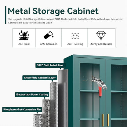 Curio Cabinets with Glass Doors, 71" Glass Display Cabinet with Lock, Tall Bookcase with Adjustable Shelves, Locking China Cabinet for Living Room, School, Commercial, Office, Plant, Green
