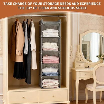 5-Shelf Hanging Closet Organizer and Storage, Closet Hanging Storage Shelves for Clothes, Towels, with Side Pockets and 2 Sturdy Hooks for Storage, Foldable (Grey)
