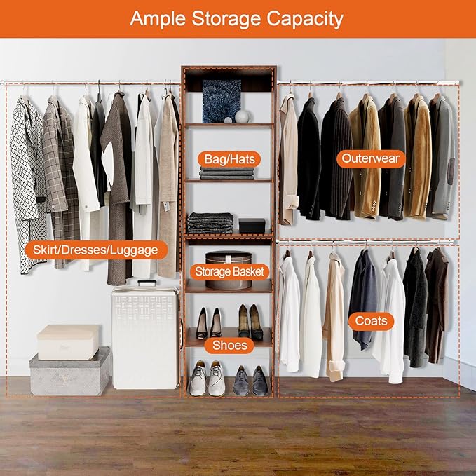 Wall-Mounted Closet Organizer System with Adjustable Shelves and Hanging Rods – Modern Open Wardrobe, Walnut
