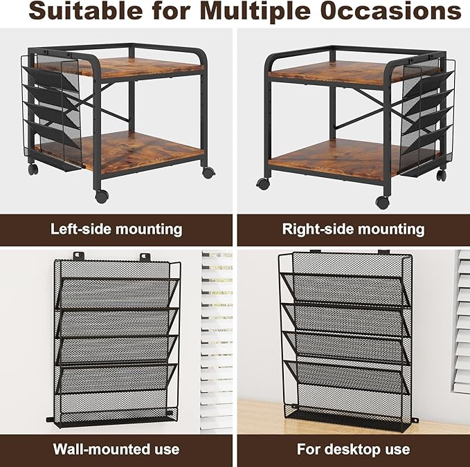 EasyCom 24"x20" Large Printer Stand with Hanging File Holder Organizer, Adjustable Height Shelf with Wheels, Under Desk Table with Storage for Printer Scanner Fax Home Office Use Rustic Brown