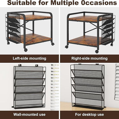 EasyCom 24"x20" Large Printer Stand with Hanging File Holder Organizer, Adjustable Height Shelf with Wheels, Under Desk Table with Storage for Printer Scanner Fax Home Office Use Rustic Brown