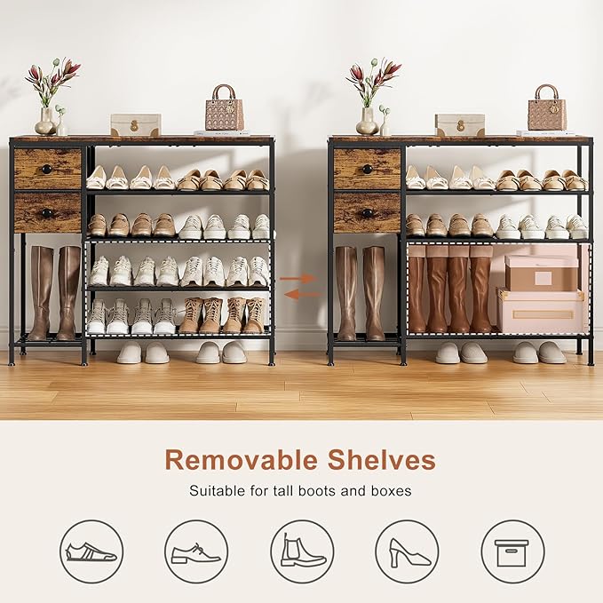 5-Tier Shoe Rack with 2 Fabric Drawers, Metal Frame and Wooden Board Shoe Organizer for 16-20 Pairs of Shoes, Shoe Shelf with Boots Storage for Entryway Closet Rustic Brown