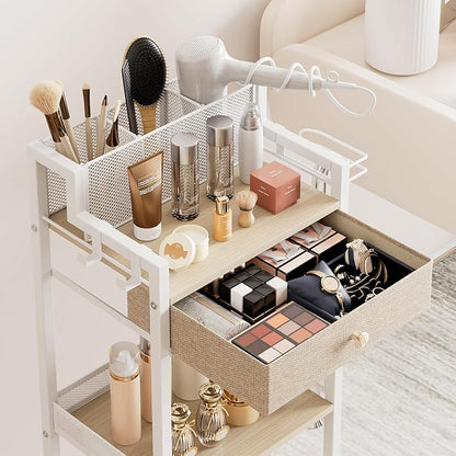 3 Tier Rolling Utility Cart Organizer with Removable Drawer, 12.8in Large Floor Makeup Skincare Organizers Cosmetics Display Cases Holder for Hair Tool, Kitchen, Bathroom, Laundry Room Organization