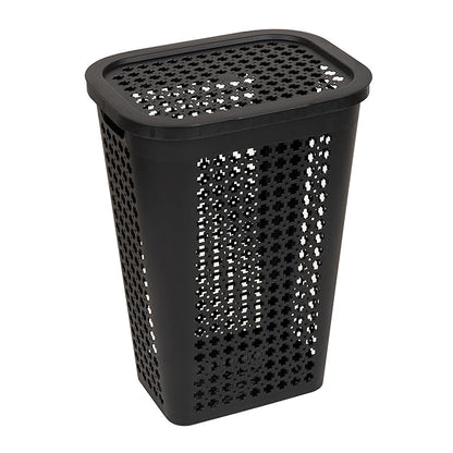 Mind Reader Slim Tapered Laundry Hamper with Lid, Clothes Basket with Swiss Cross Cut-Outs, Lightweight & Ventilated, Plastic, 16.75"L x 12.75"W x 23"H, Black