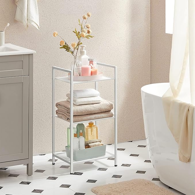 SONGMICS 3-Tier Storage Rack, Bathroom Shelf, Extendable Plant Stand with Adjustable Shelf, for Bathroom, Living Room, Balcony, Kitchen, White UBSC033W01, 11.8 x 15 x 28.4 Inches