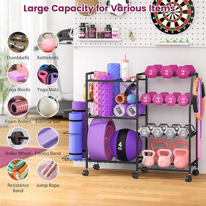 Dumbbell Rack, Weight Rack for Home Gym, Yoga Mat Storage Rack, Exercise Equipment Storage with Wheels and Hooks, Home Gym Equipment Organizer for Kettlebells