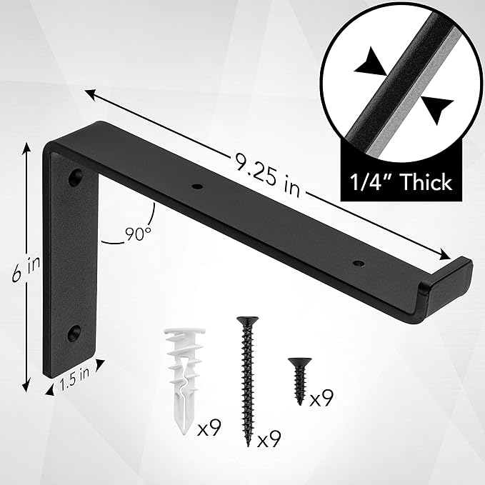 Heavy-Duty Shelf Brackets - Premium Construction Grade 1/4" (6mm) Thick Steel - Matte Black Iron Finish for Modern Farmhouse Rustic Open Shelving w/ Hardware, 4-Pack - (L Bracket w/ Lip, 9.25" x 6")