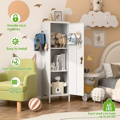 Lockable Metal Lockers with Handle,Metal Storage Locker with 2 Pegboard & 5 Hooks for Home,Office,School,White,Required Assembly,White
