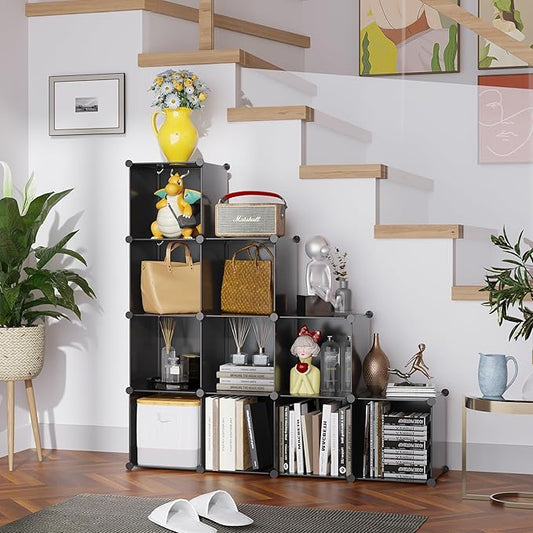C&AHOME Cube Storage, 9-Cube Bookshelf, Plastic Closet Cabinet Organizer, DIY Stackable Bookcase, Modular Shelving Units Ideal for Home, Office, Kids Room, 36.6" L x 12.4" W x 48.4" H Black SHS3009A