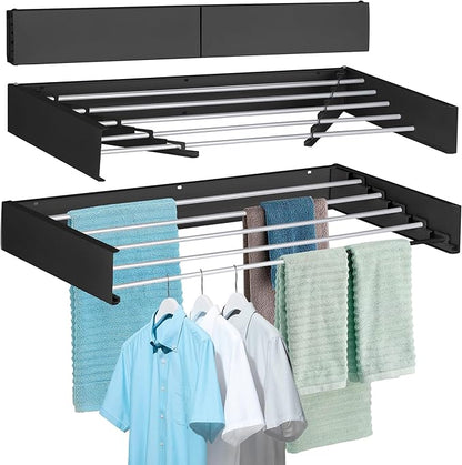 FOCHIER F Laundry Drying Rack Wall Mounted Clothes Drying Rack Collapsible with 5 Aluminum Rods and Drilling Template Long Screwdriver Bit 60 lbs Capacity (Black, 23.6“)